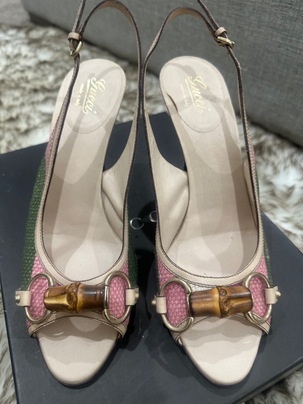 Gucci Pink, Green and Beige Slingback Heels with Bamboo Accent